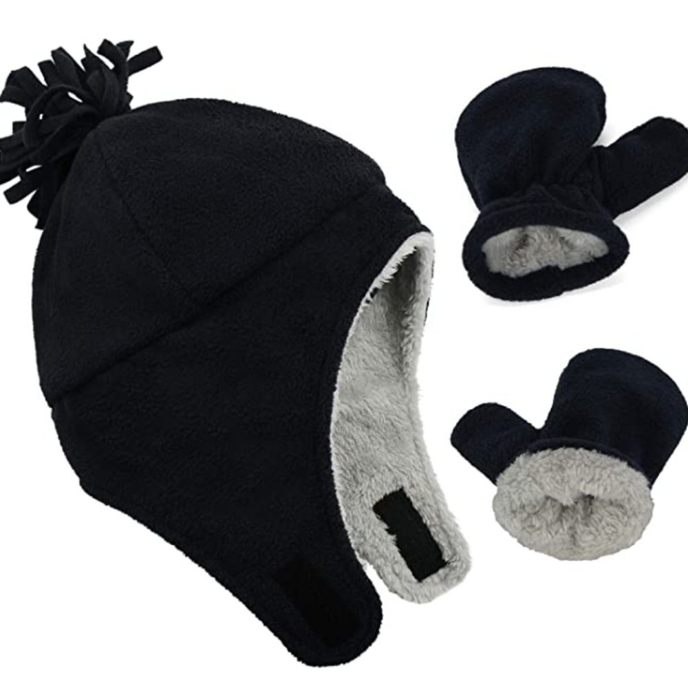 2-3 Y Baby Sherpa Lined Warm Fleece Pilot Hat and Mitten Set X002CH435X